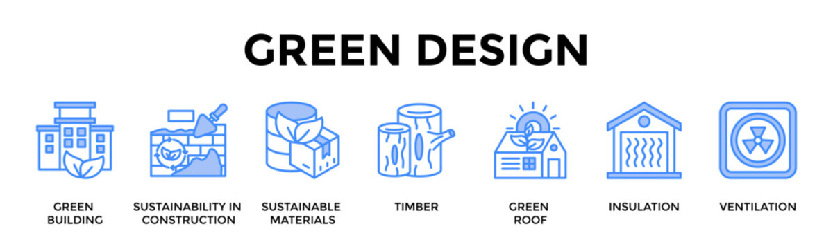 Green Design Banner Web Icon Set Collection Pack Vector Illustration Concept For Green Building, Sustainability In Construction, Sustainable Materials, Timber, Green Roof, Insulation, Ventilation