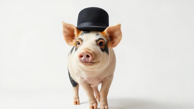 Charming spotted piglet wearing a black bowler hat with a curious expression on a clean white studio background for a humorous animal character concept