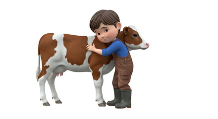Young Boy Hugging a Brown and White Cow