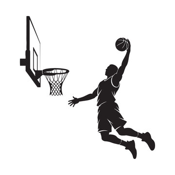 Silhouette of a basketball player dunking a ball into a hoop with net
