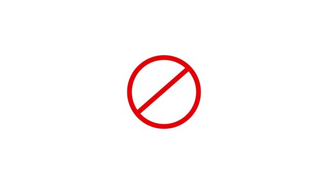 Animation of appearing and disappearing circular prohibition sign crossed out in red on blue background, green background, transparency and white background in flat design style