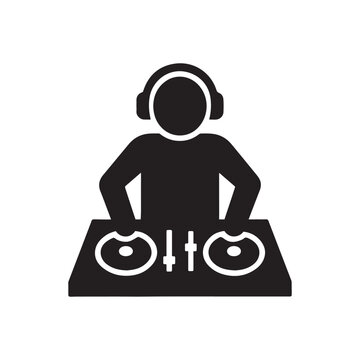 Silhouette of a deejay mixing music tracks on dual turntables with headphones Vector