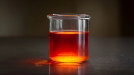 A luminous orange red liquid glows brightly within a glass beaker on a reflective dark surface