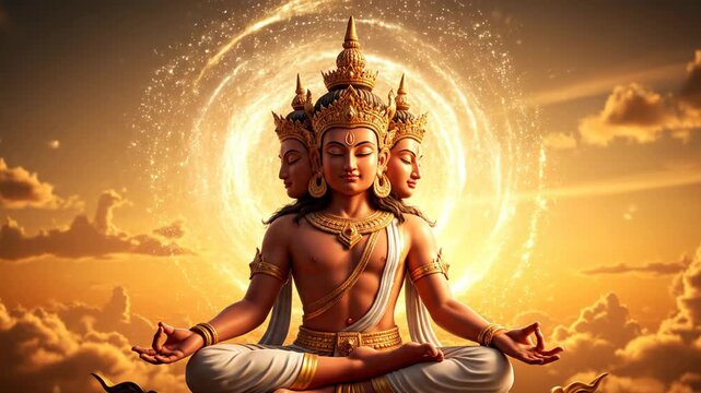Lord brahma, the four-faced hindu deity, is meditating under a divine golden halo in the celestial sky.