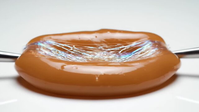 A caramel-colored substance is stretched thin between two metallic rods, showing iridescent fibers