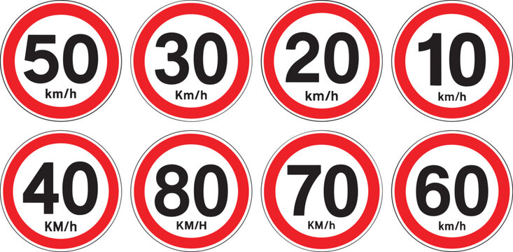 European Speed Limit Road Signs Collection Set 50 30 20 10 40 80 70 60 Km H Traffic Regulation Symbols For Urban Safety