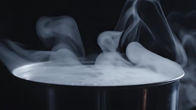 White mist billows from a dark metal container against a black background