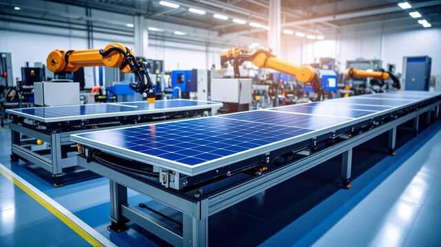 Automated robotic arms assembling solar panels on an advanced manufacturing production line