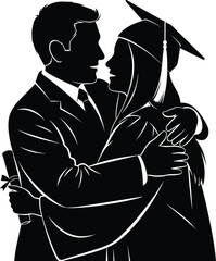 A graduating couple embraces tenderly a romantic moment in black silhouette