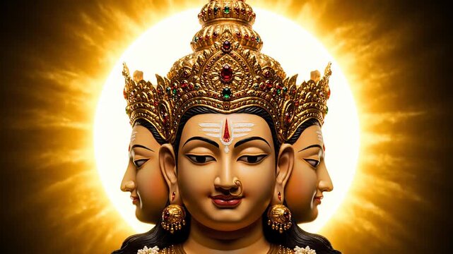 A majestic digital illustration of lord brahma with four heads, radiating divine golden light against a dark background.