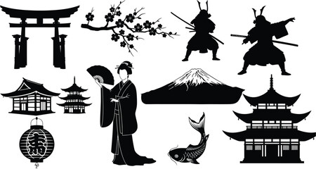 Japanese cultural elements including torii gates pagoda and woman in kimono silhouette © Rita