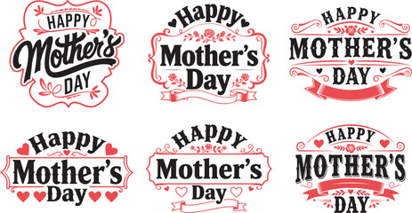 Happy mother's day typography vector set with floral hearts and ribbon for greeting card poster and banner © noorskills