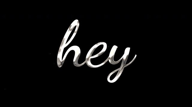 Animated hey text animation on a digital screen showcasing silver metallic font in a modern urban environment from a close-up viewpoint