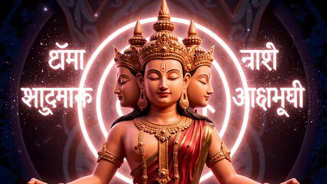 The four-faced hindu god lord brahma is digitally rendered, radiating spiritual pink light against a dark, mystical background.