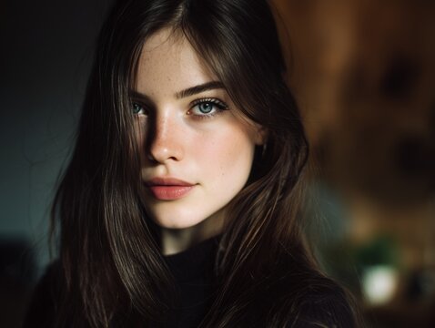 Striking Close-up Portrait of a Woman with Long Dark Hair and Blue Eyes