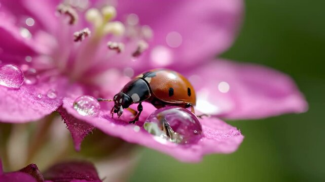 A tiny red and black ladybug with dew drops on a pink flower petal in macro photography
