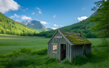 Secluded rustic cabin nestled in a lush green valley under a bright blue sky