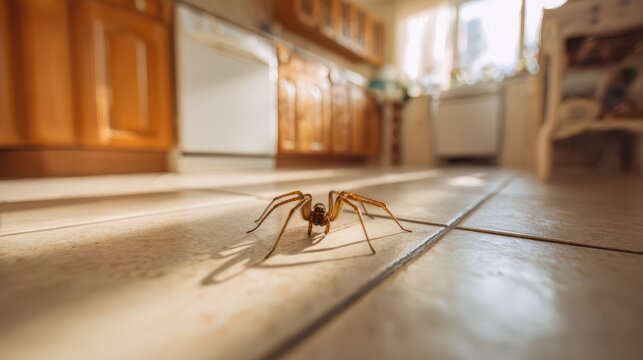 Close-up of a common house spider on a smooth kitchen tile floor, seen from ground level