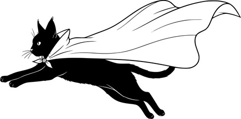 Heroic Flying Cat Silhouette - Minimalist Superhero Feline with Cape Vector