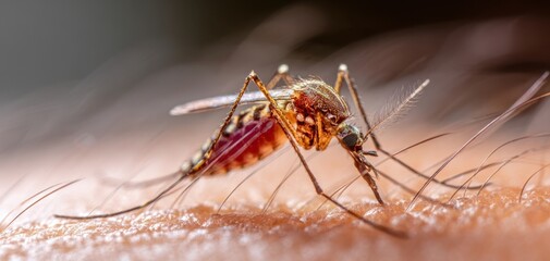 The Mosquito Feeding on Human Skin in Extreme Macro Detail at Sunset