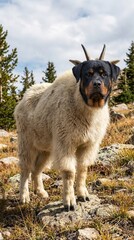 Mountain goat dog hybrid standing rugged terrain rocky slope pine forest natural wildlife unusual creature outdoor adventure