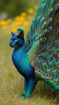 Majestic Blue Peacock Cat with Opulent Feathers Standing in Sunlit Meadow &ndash; Fantasy Animal Hybrid Art