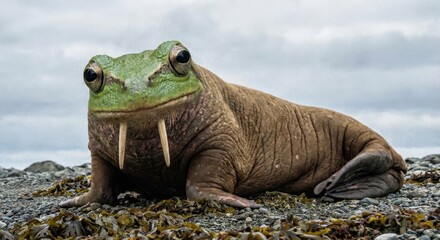 Surreal green frog-walrus hybrid creature resting on rocky beach under cloudy sky