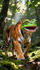 Tiger-Frog Hybrid Creature Roaring in Sunlit Jungle Forest &ndash; Fantasy Animal Fusion with Vibrant Green Eyes and Mossy Path