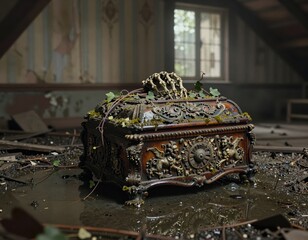 Antique ornate treasure chest overgrown with moss and vines in abandoned attic flooded with water
