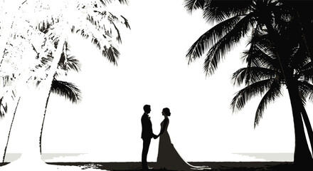 Tropical palm trees sway against a bright background a striking silhouette © Rita
