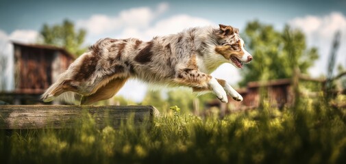 Obraz premium The Australian Shepherd Dog Leaping Over a Wooden Log in a Sunny Meadow