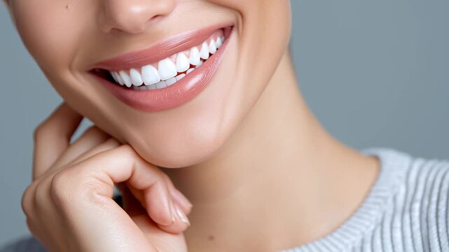 Close up of woman smiling with perfect white teeth and healthy lips, dental care and oral hygiene concept