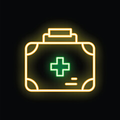 Obraz premium Glowing neon line first aid kit icon isolated on black background. Healthcare concept. Vector illustration