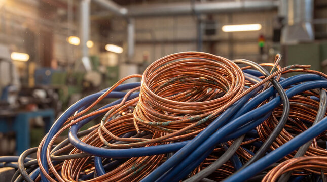Close-up of a tangled pile of scrap copper wires and electrical cables, valuable materials ready for recycling in an industrial facility