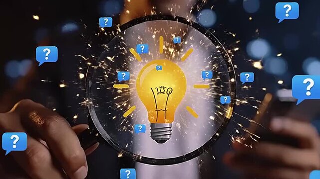 Innovative idea generation with lightbulb and question marks.