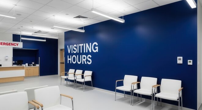 Modern Hospital Waiting Area Depicting Visiting Hours Sign And Interior Aesthetics