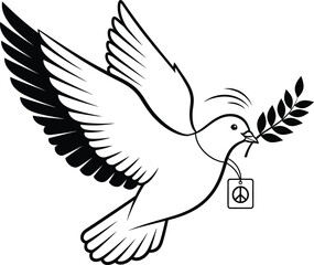 Obraz premium a simple black and white illustration depicts a dove in flight carrying an olive branch and a peace symbol high quality