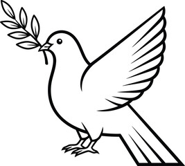 Obraz premium A simple black and white line drawing depicts a dove carrying an olive branch in its beak symbolizing peace and hope