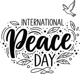 Obraz premium An artistic graphic illustrates the word peace alongside decorative leaves and a flying dove symbolizing international peace day celebrations high quality