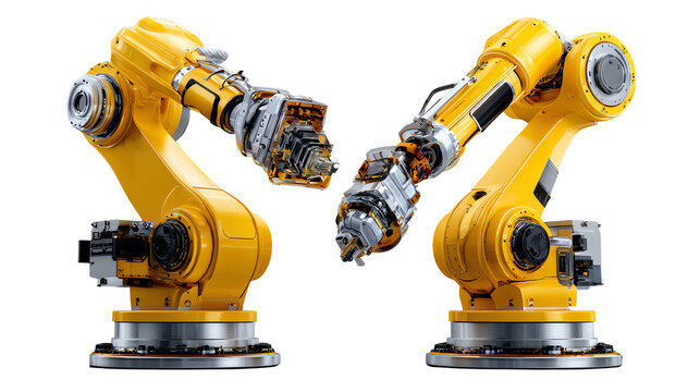 Robotic Arms in Action: Two industrial robots, their yellow arms extended, symbolizing innovation and efficiency in a modern technological landscape. 