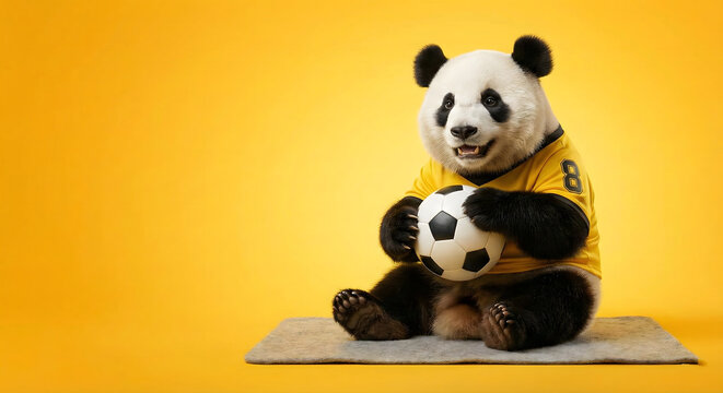 Cute stuffed panda toy sitting on white surface against yellow background