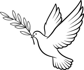 Fototapeta premium a detailed black and white line drawing depicts a dove in flight carrying an olive branch in its beak symbolizing peace and hope