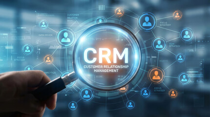 Fototapeta premium Magnifying glass focus on CRM customer relationship management text with people network connection showing professional digital business success concept