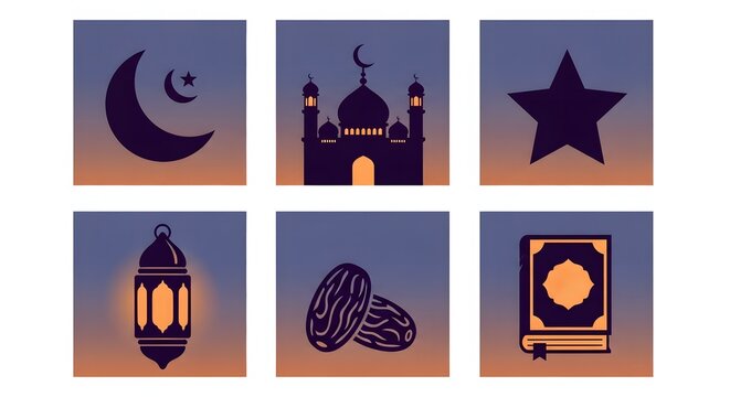Islamic icons set with mosque, crescent moon, dates, book, and lantern