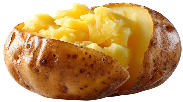 Simple Baked Potato: A close-up shot of a perfectly baked potato, soft and fluffy inside. The golden exterior hints at the simple pleasure of comfort food.
