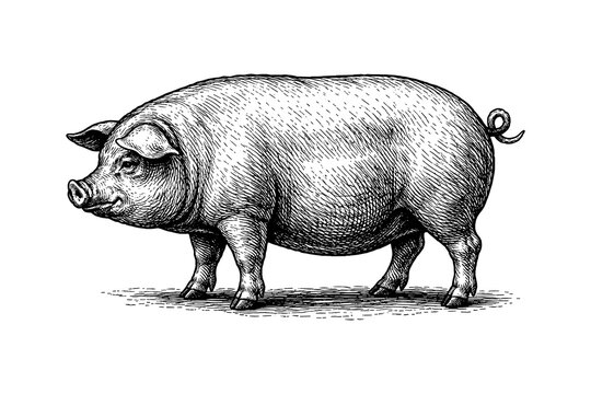 Detailed hand drawn pig with texture and engraving style