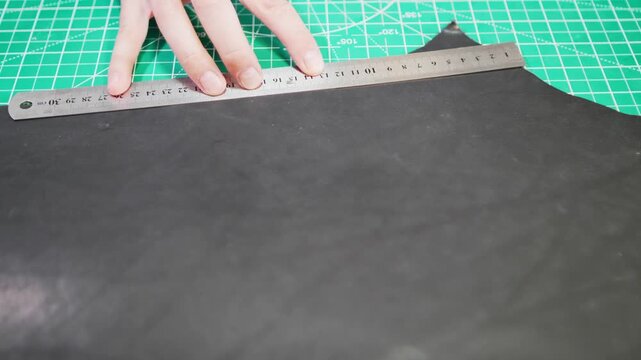 A tanner measures leather with a ruler and cuts it carefully to create precise shapes. The workspace is equipped with tools for leather crafting and cutting.