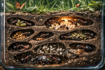 Ant Colony Underground Life Habitat with Butterflies & Ladybugs &ndash; Detailed Macro Nature Scene