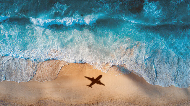 Aerial view of a plane shadow cast over a tropical beach with golden sand and turquoise water. Travel concept.