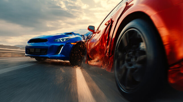 Car accident and insurance concept with two cars crashing together on the road. Violation of traffic rules.